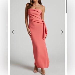 Showpo Lana Midi Dress - TWIST BUST STRAPLESS GATHERED FRILL DRESS IN WATERMELON